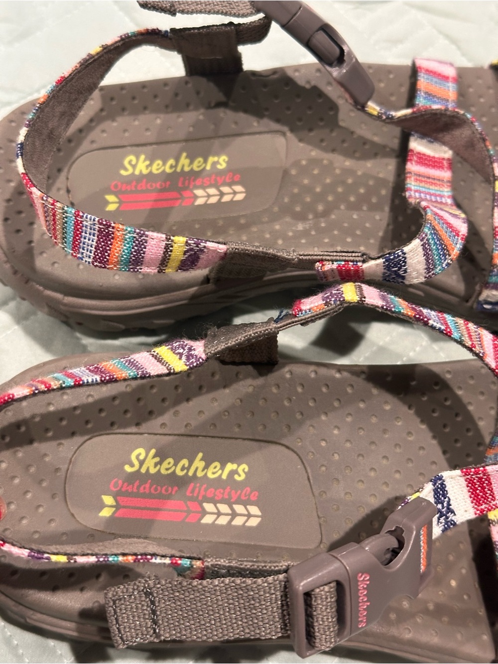 Skechers Women’s Multicolor Striped Strap Sandals with Brown Footbed - Picture 3 of 6